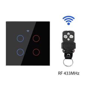 کلید لمسی هوشمند چهار پل در کنار ریموت کنترل RF 433MHz